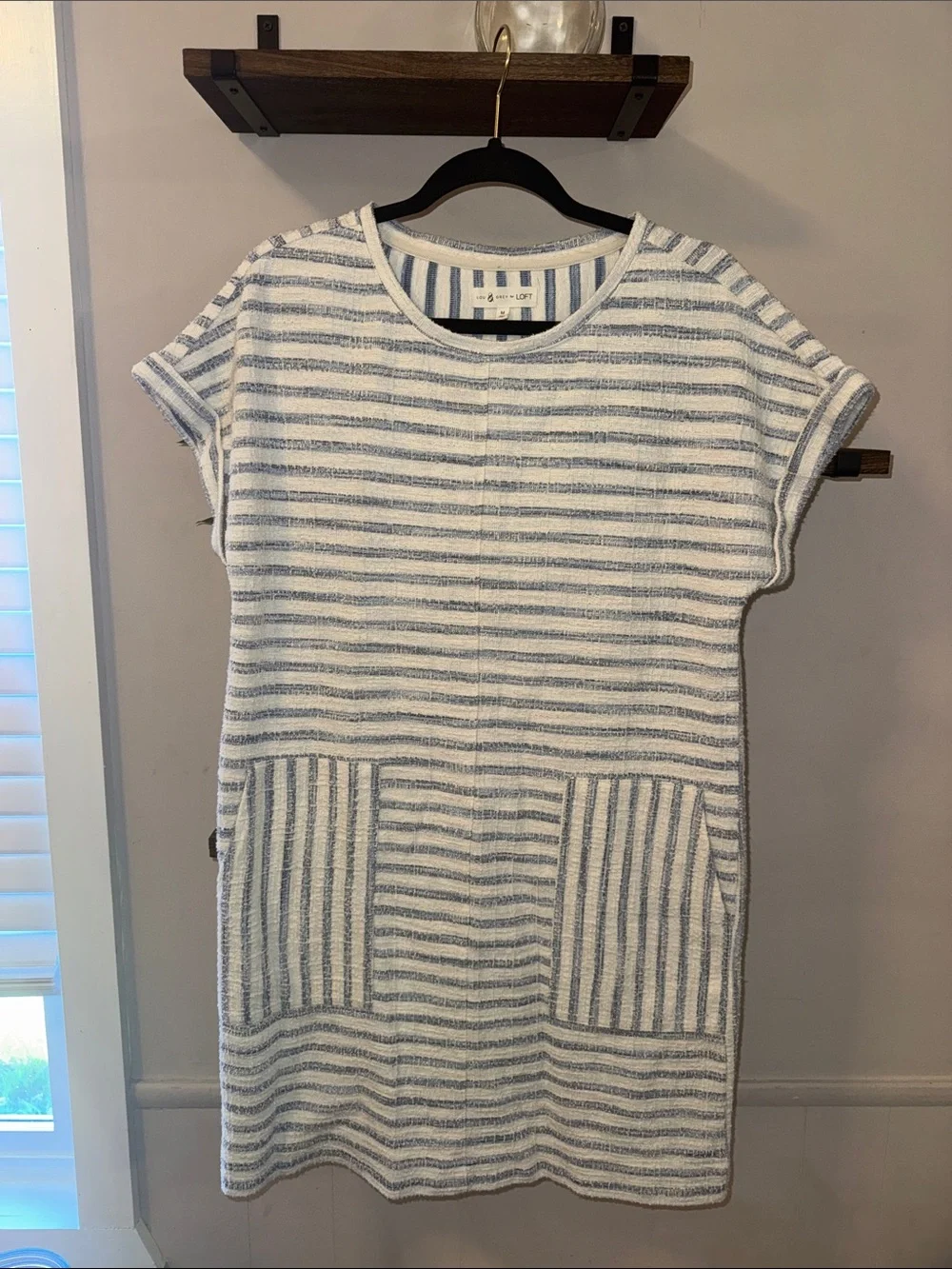 Lou & Grey Striped Short-Sleeve Boucle Shift Dress - White & Blue Size Medium
